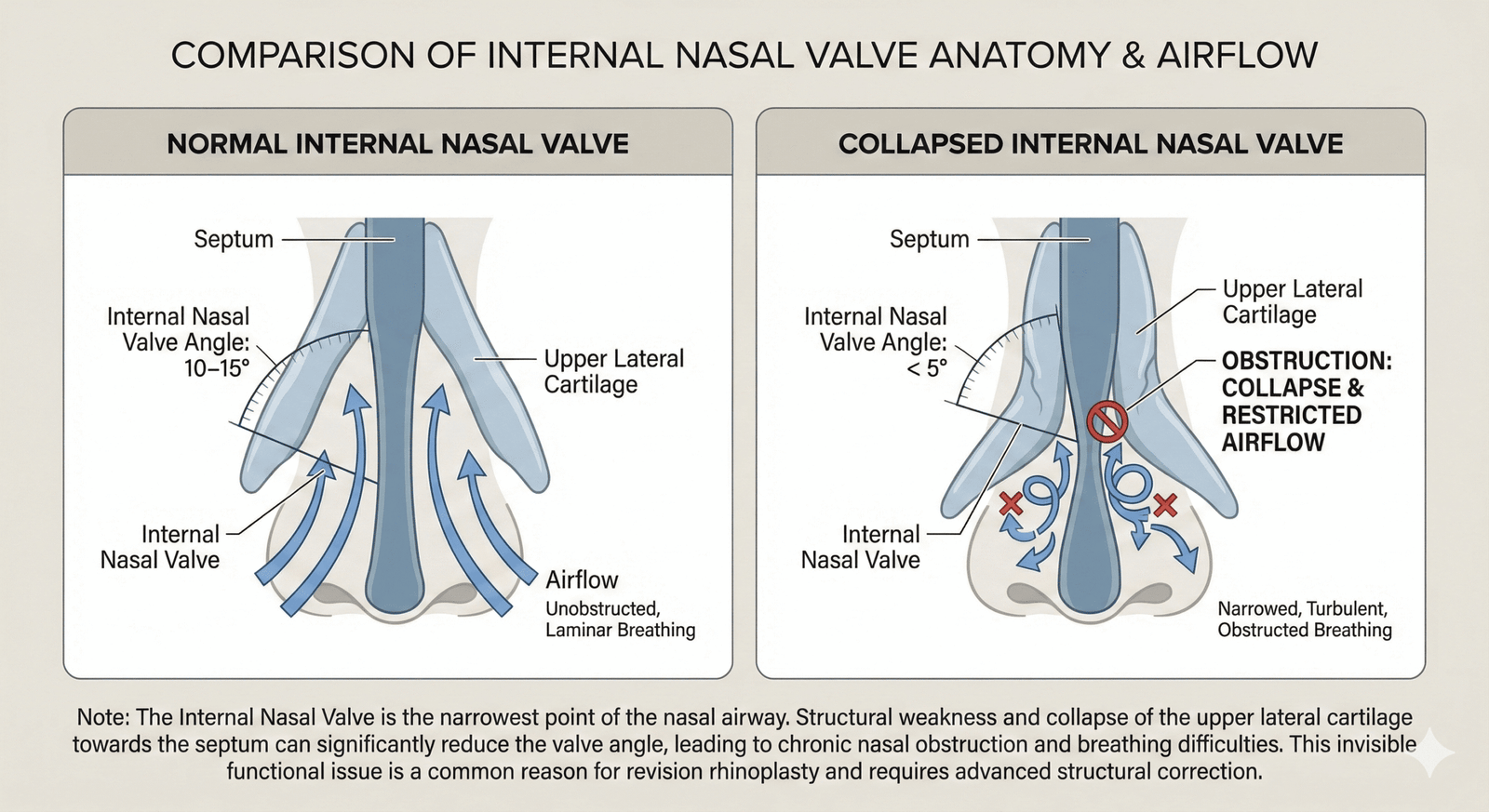 Anatomical diagram comparing internal nasal valve collapse and restricted airflow to a corrected 15-degree angle.