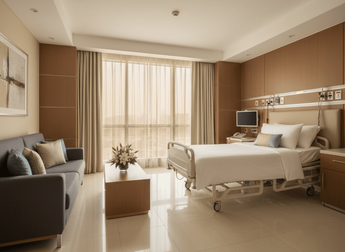 Luxury VIP recovery suite at Dr. Sulaiman Al Habib Hospital Dubai, providing JCI-accredited safety standards.