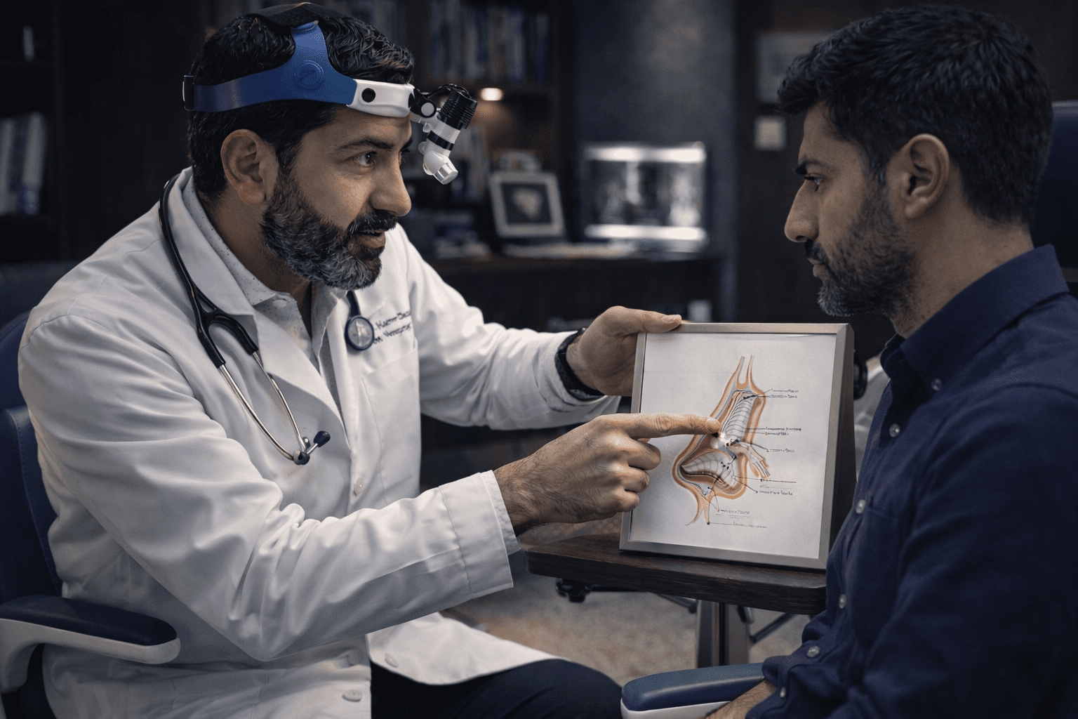 Clinical illustration: Dr. Dalati performing a restorative assessment for functional nasal correction.