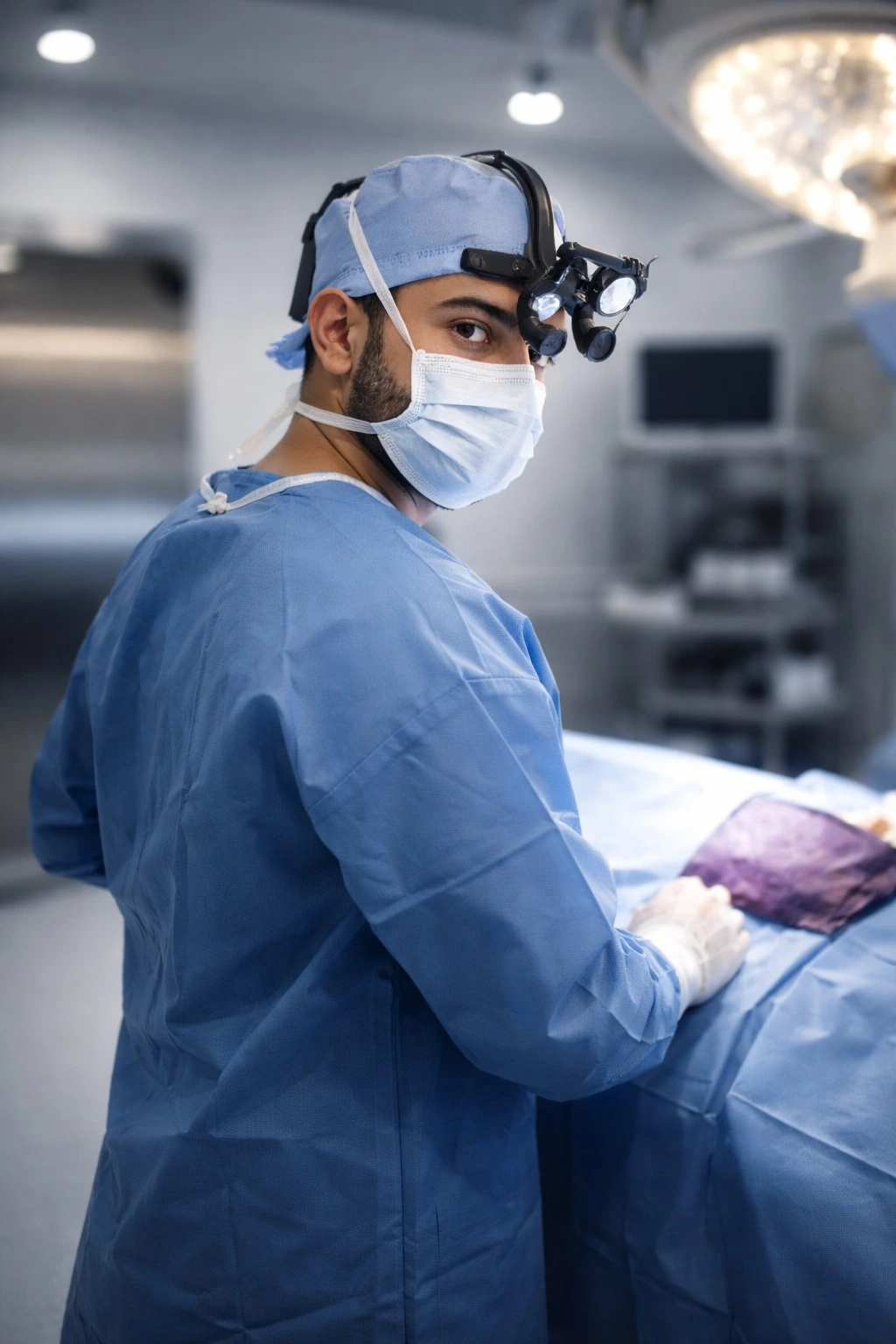 Surgical Precision: Dr. Dalati utilizing 3.5x magnification loupes for sub-millimeter revision rhinoplasty repair.
