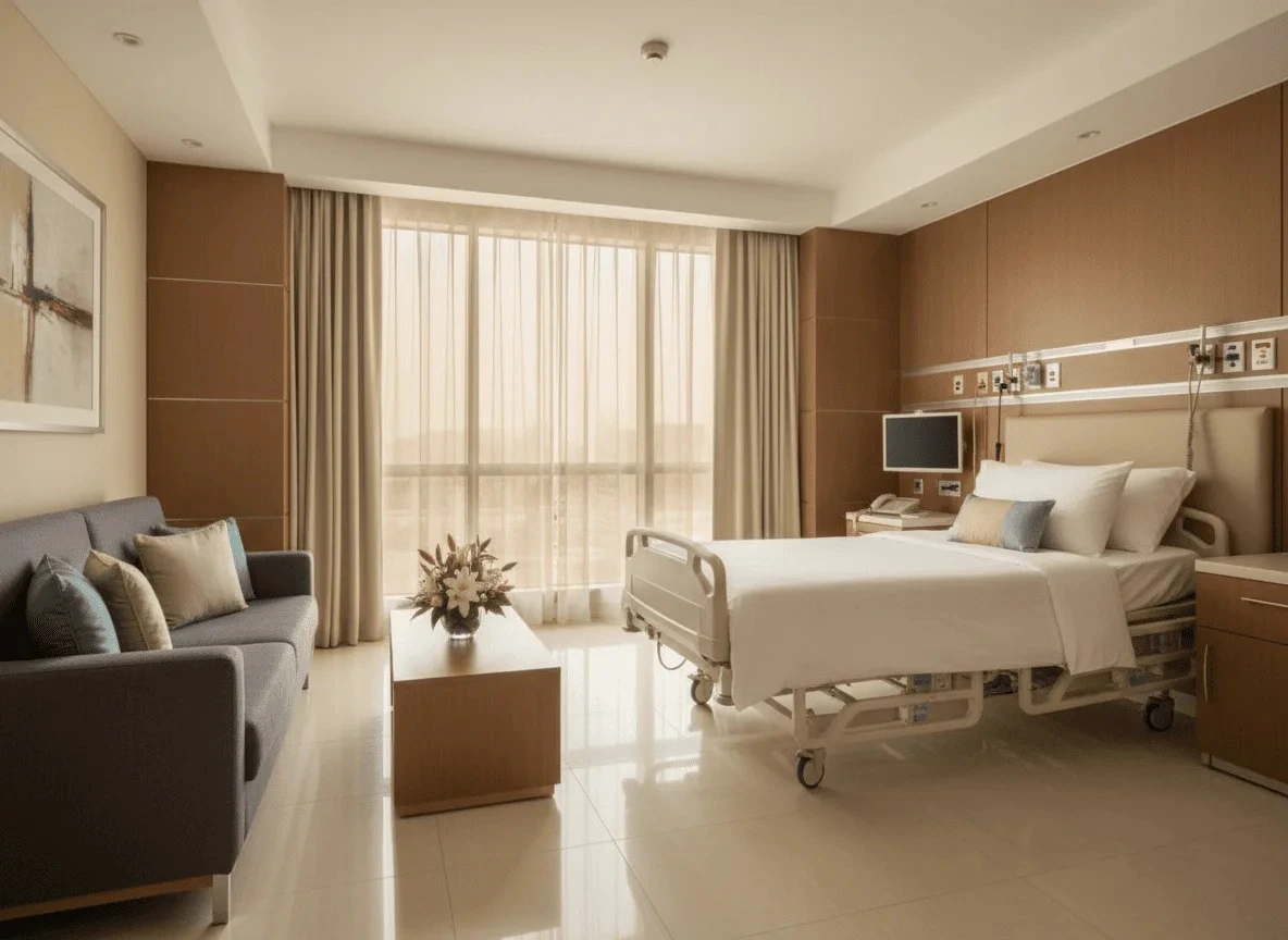 Luxury VIP recovery suite at Dr. Sulaiman Al Habib Hospital Dubai, providing JCI-accredited safety standards.