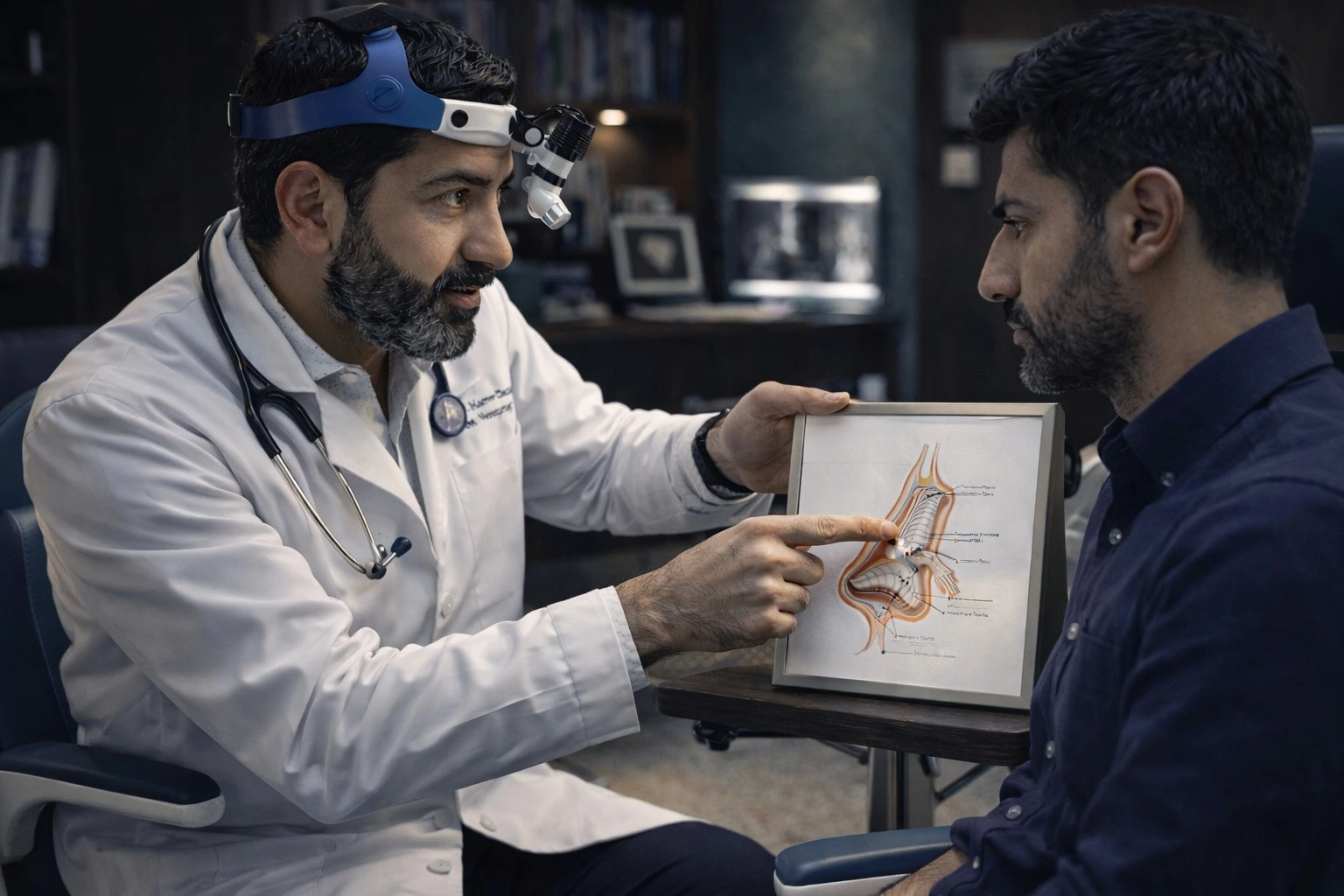 Clinical illustration: Dr. Dalati performing a restorative assessment for functional nasal correction.