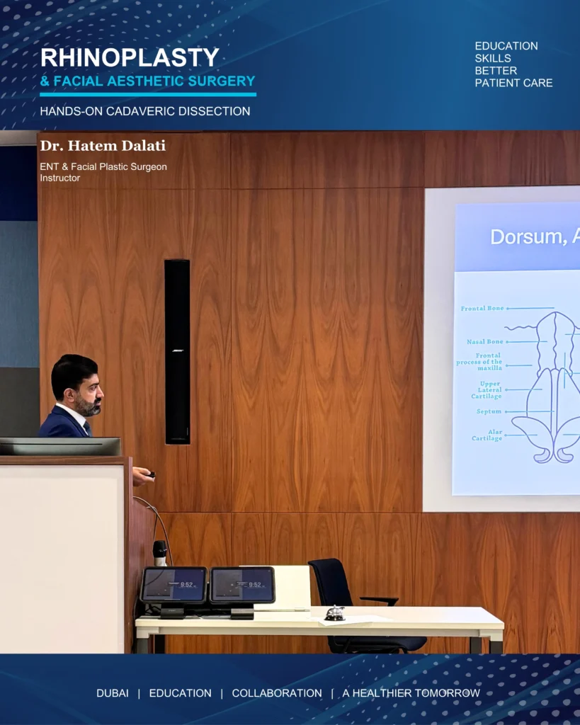 Dr. Hatem Dalati lecturing to ENT residents during Rhinoplasty Cadaveric Dissection in Dubai