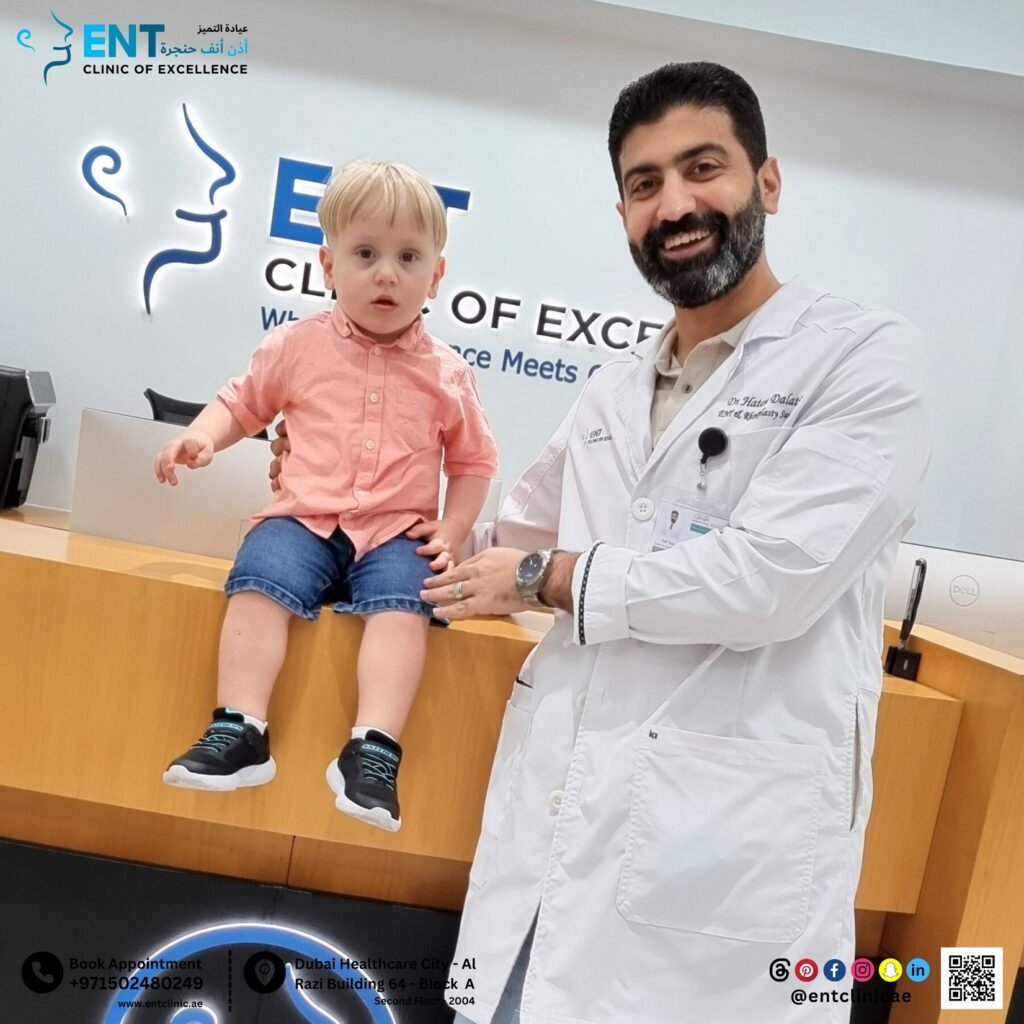 Child with Dr. Hatem Dalati after Coblation ENT surgery at ENT Clinic of Excellence in Dubai