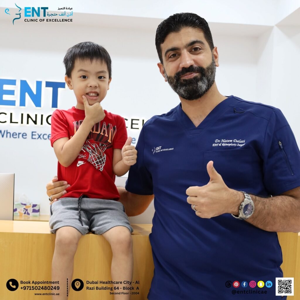 Child with Dr. Hatem Dalati after Coblation Tonsillectomy at ENT Clinic of Excellence in Dubai
