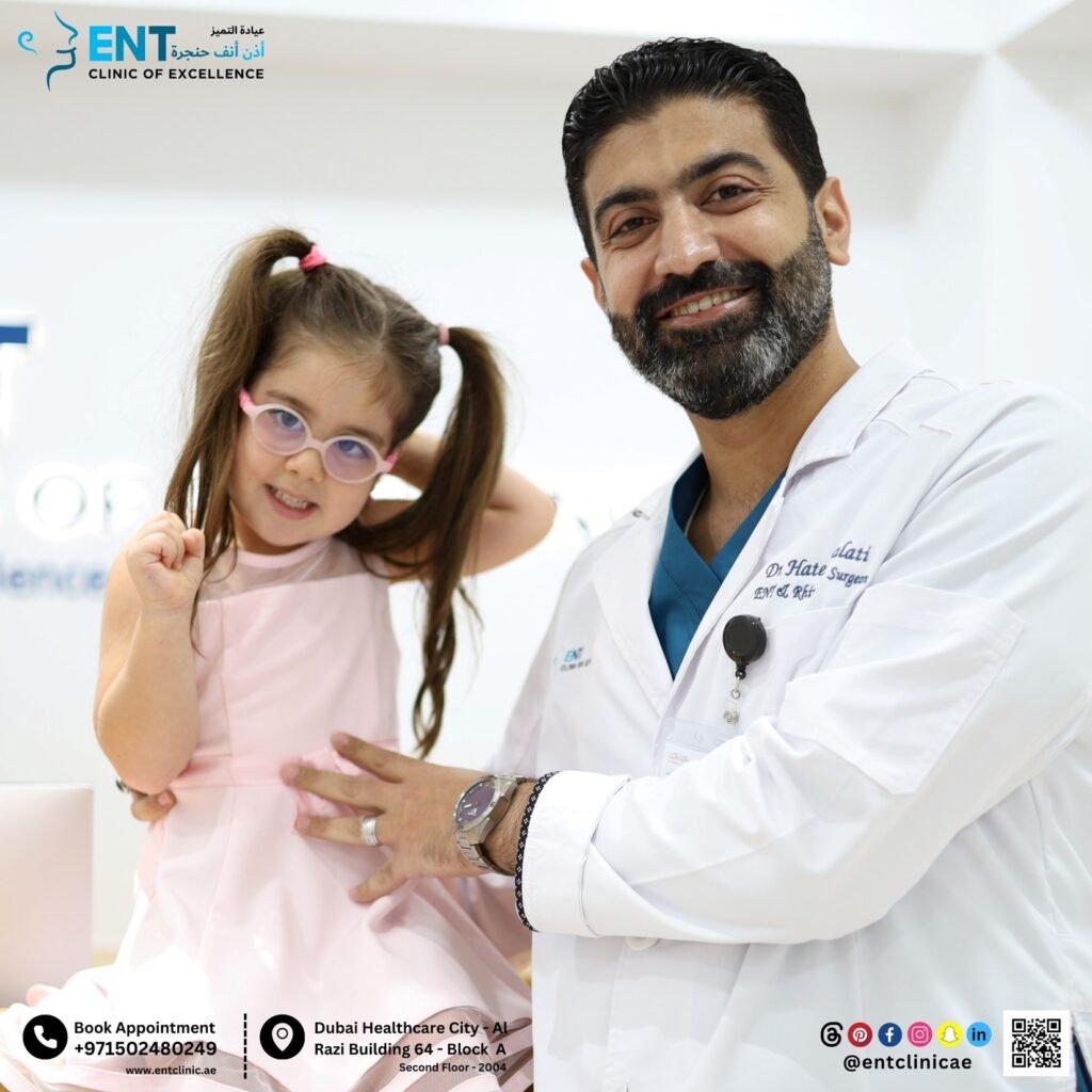 Child with Dr. Hatem Dalati after Coblation ENT surgery at ENT Clinic of Excellence in Dubai