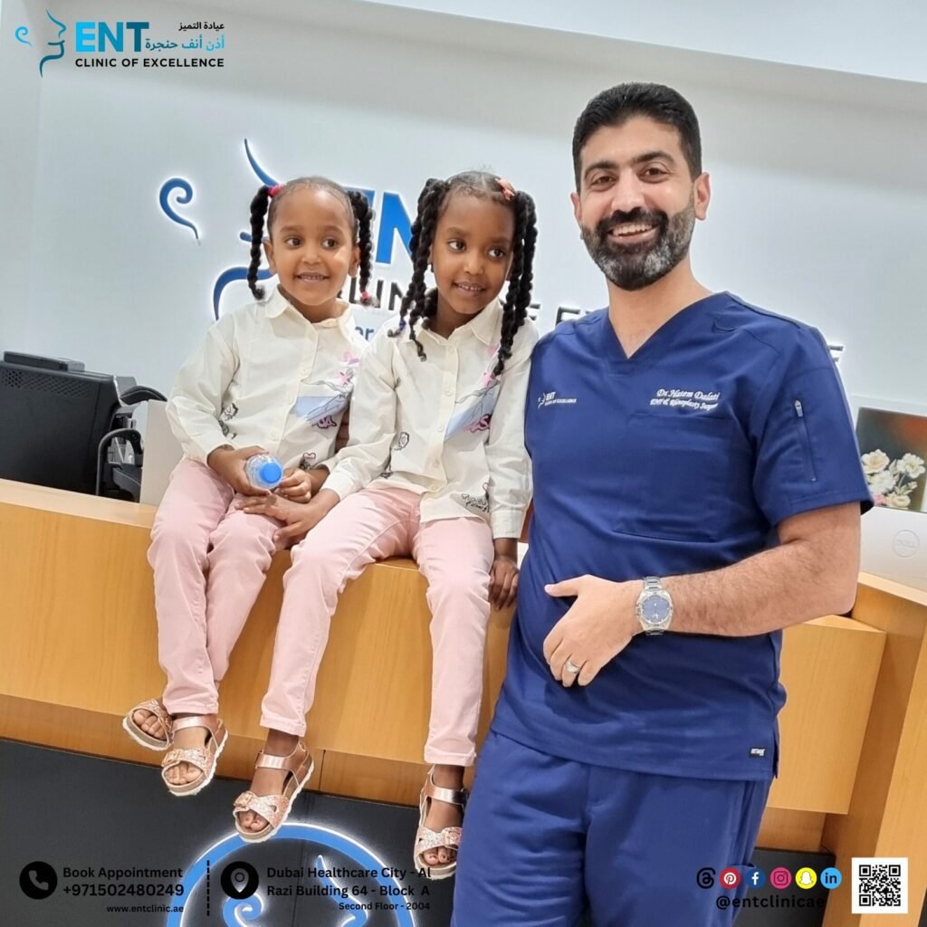 Child with Dr. Hatem Dalati after Coblation ENT surgery at ENT Clinic of Excellence in Dubai