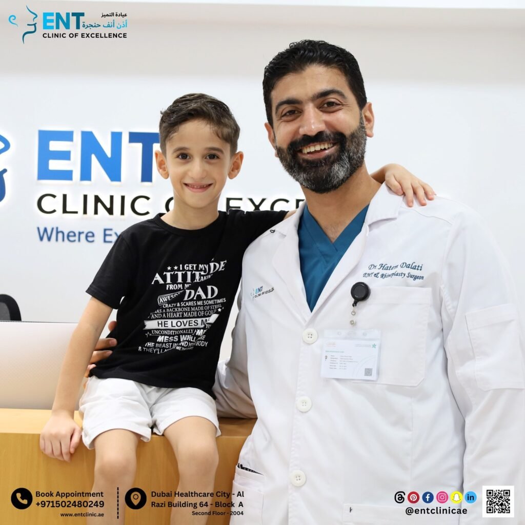 Child with Dr. Hatem Dalati after Coblation ENT surgery at ENT Clinic of Excellence in Dubai